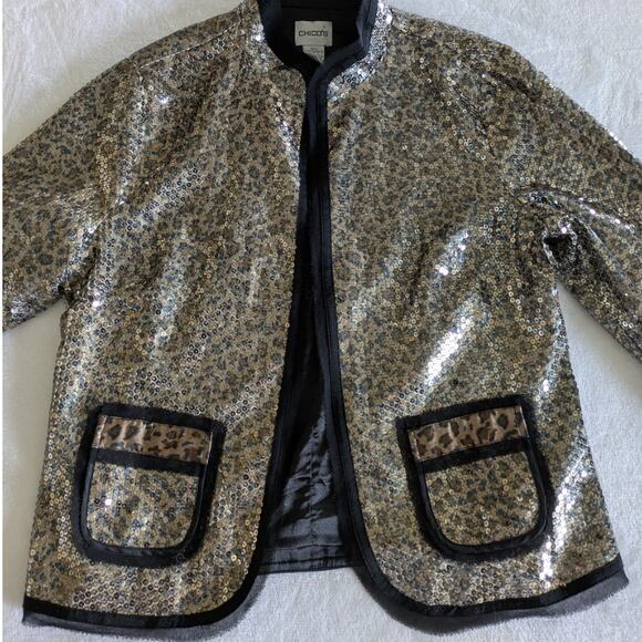 Chicos Jacket Women Small Shyanne Sequin Cheetah Holiday Shiny Black Gold Sz O - Picture 1 of 13